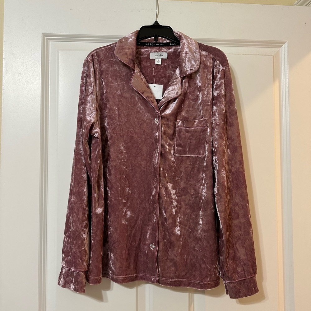 NWT Nicole Miller Crushed Velvet Mauve Fusion Pajama Top, Women’s size Small
